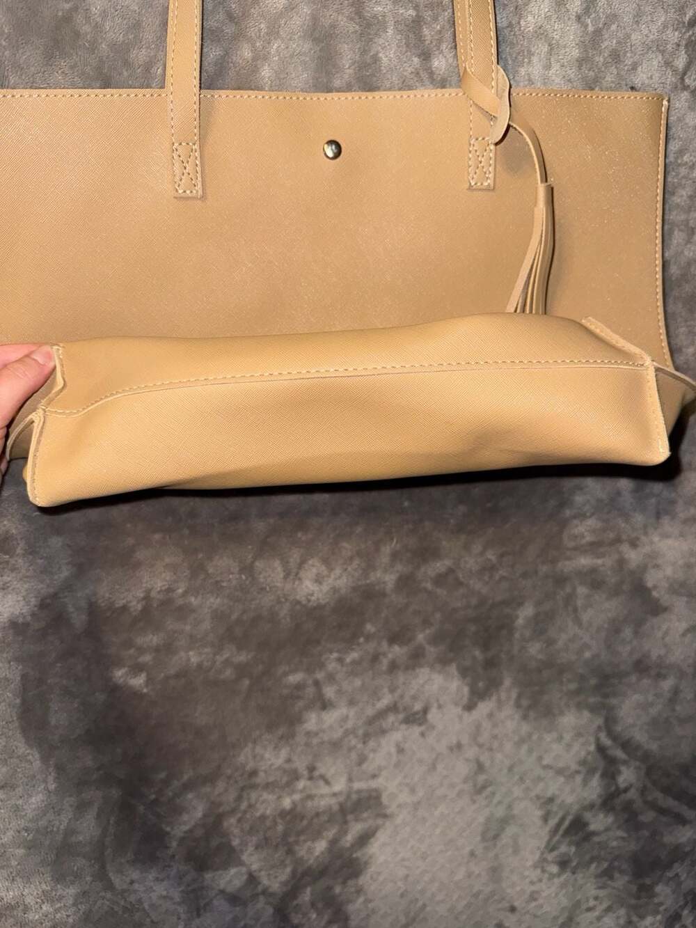 Tan Faux Leather Saffiano Tote Bag with Tassel - Picture 2 of 6